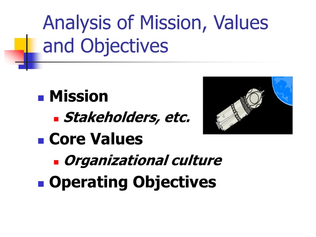 Analysis of Mission, Values and Objectives Mission Stakeholders, etc. Core Values Organizational culture Operating